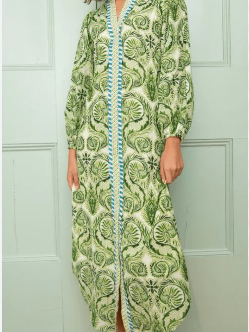 Anna Cate Riley Caftan in Seaside Blue & Green Size Small Lined Button Closure